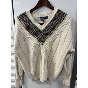 Vintage Nautica Sport Club V-Neck Cable Knit Sweater Cream SZ Medium 90s Cotton‎